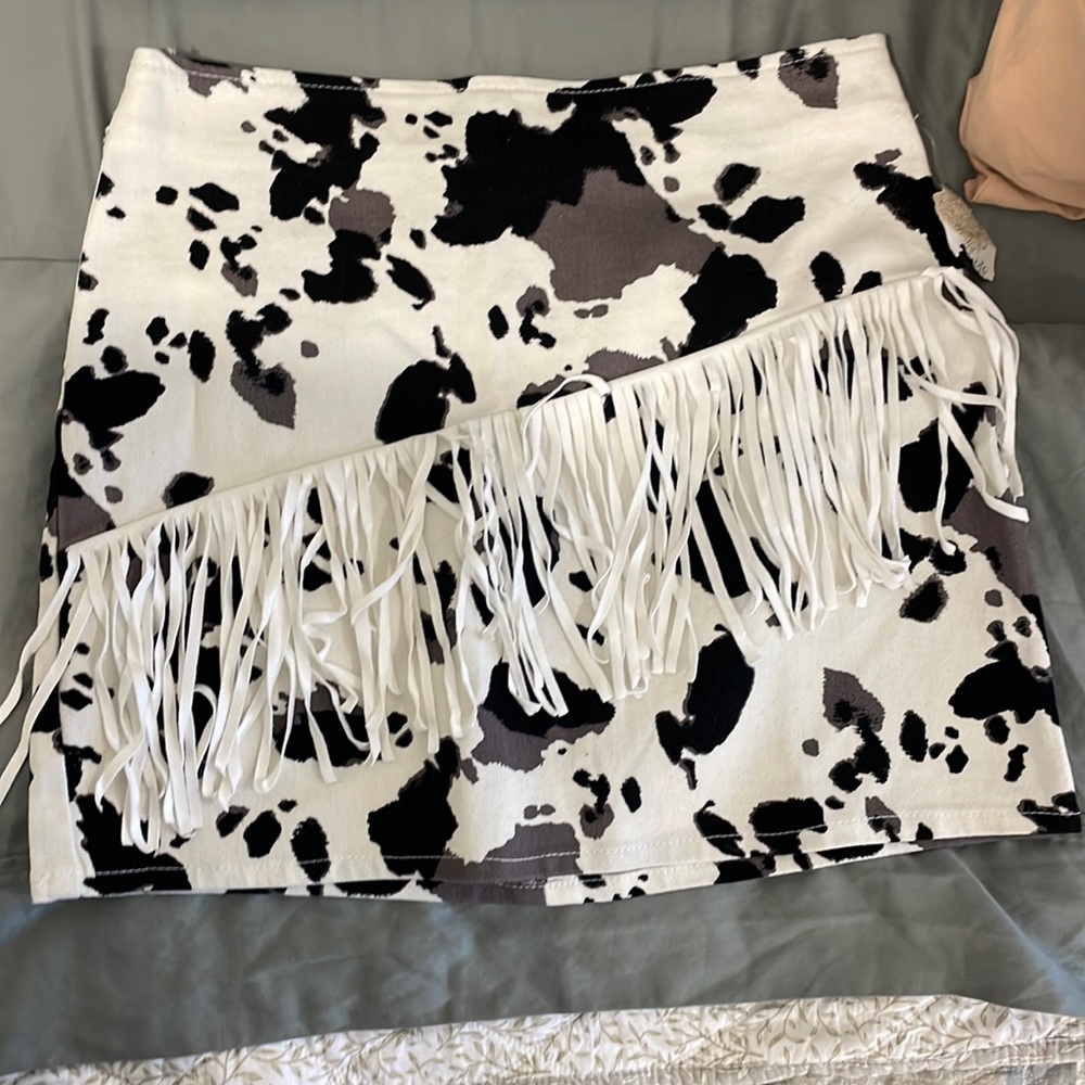 Altar’d State Cow Print Fringe Skirt